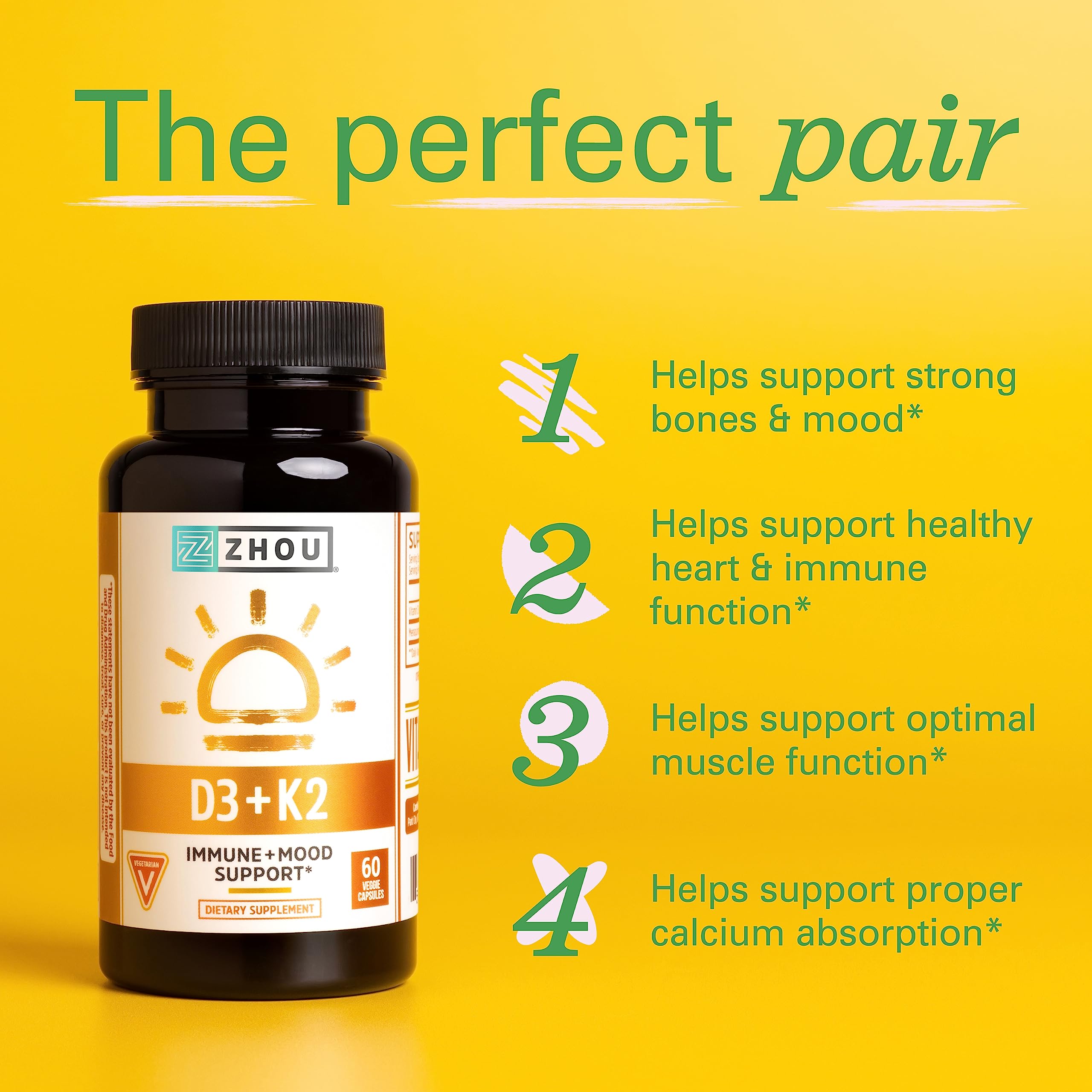 Zhou Nutrition Vitamin D3 K2, Bone and Heart Health Formula 5000 IU Vitamin D3 & 90 mcg